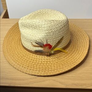 Vintage LL Couture Two-Tone‎ Straw Hat Feather Accent and Gold Tone Studs/Chain